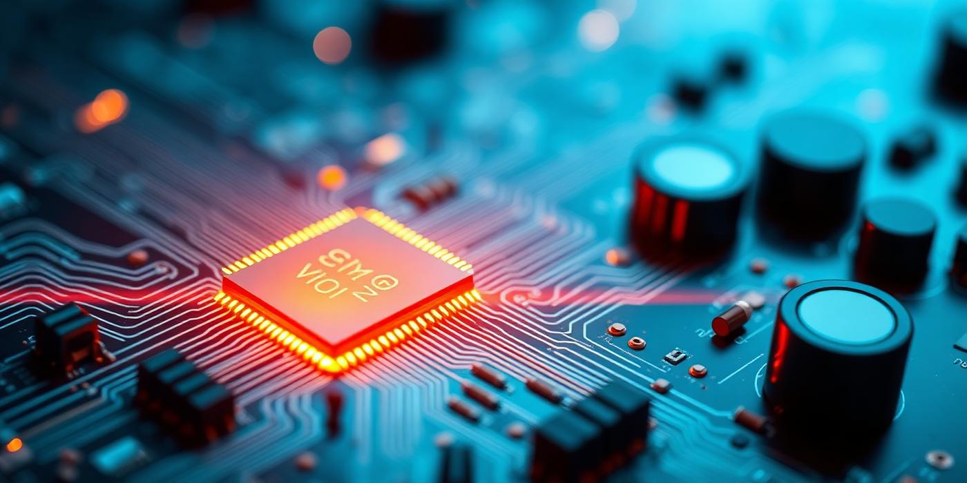 Close-up of a glowing microchip on a circuit board