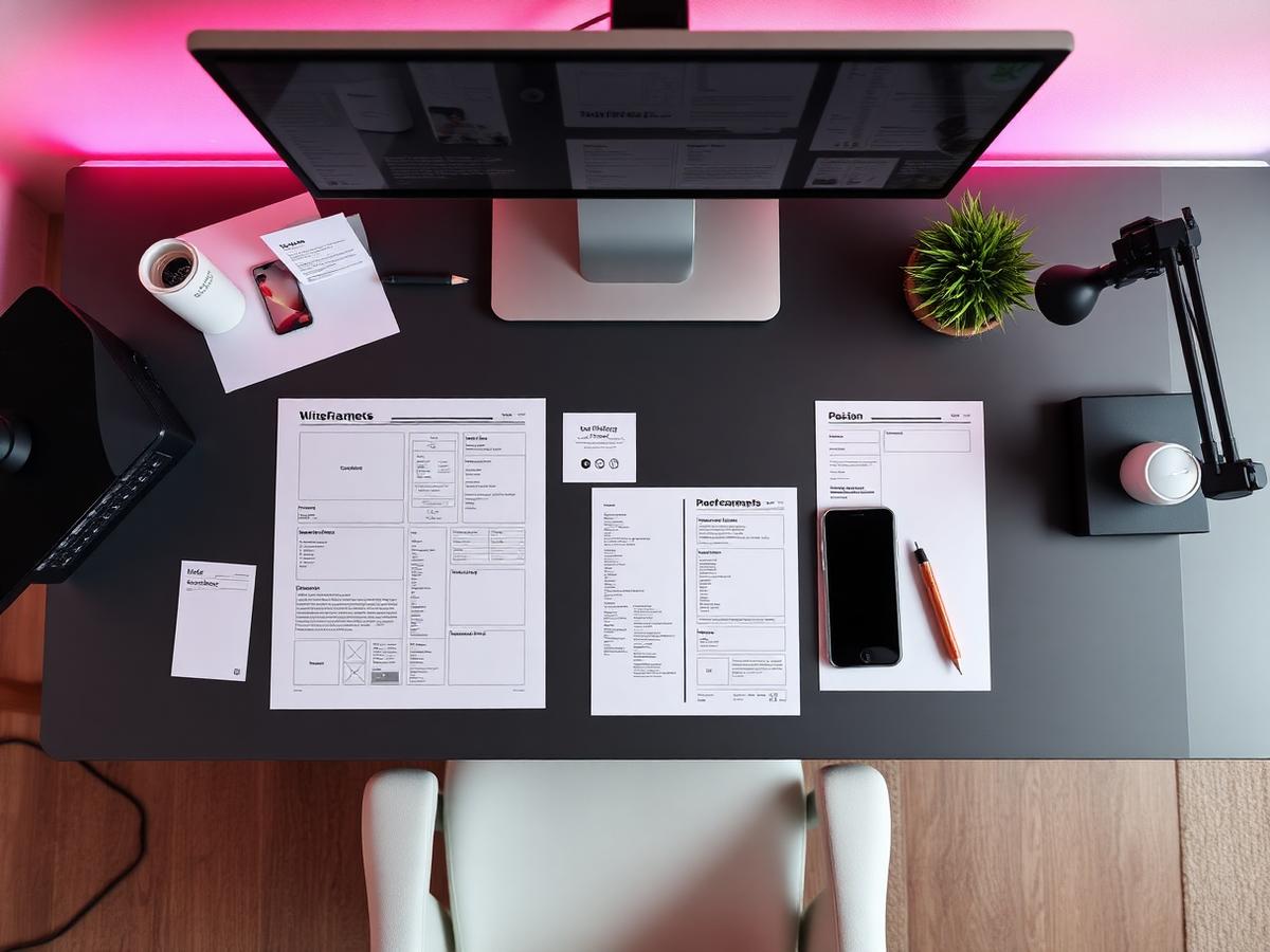 Designer workspace with wireframes and mobile mockups